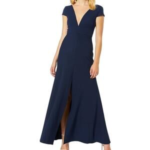 Jenny Yoo Collection Cara Cap Sleeve Plunging Bridesmaid Gown in Navy Women's 2